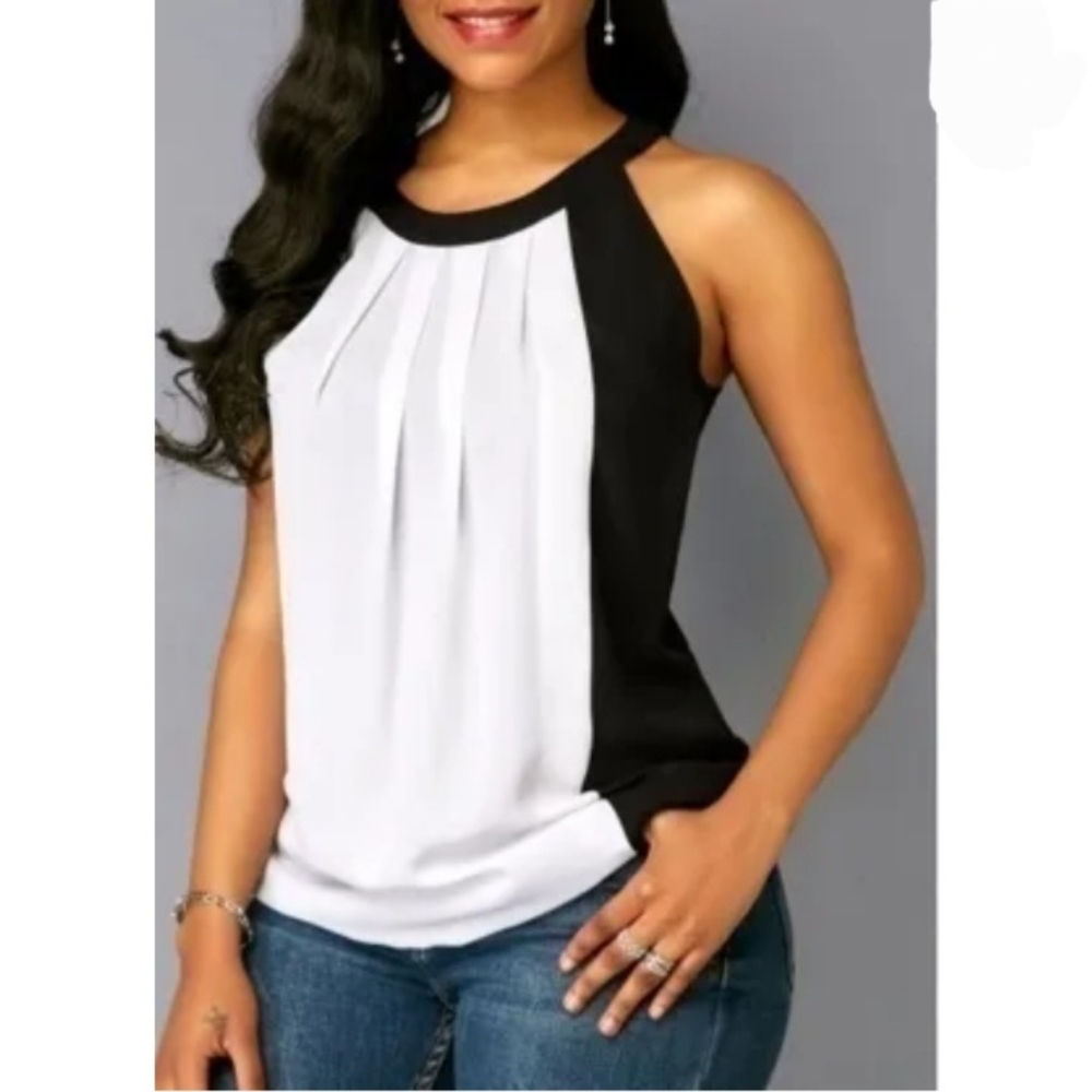 Slvls RoundNeck Woven Chiffon Blouse Black White
